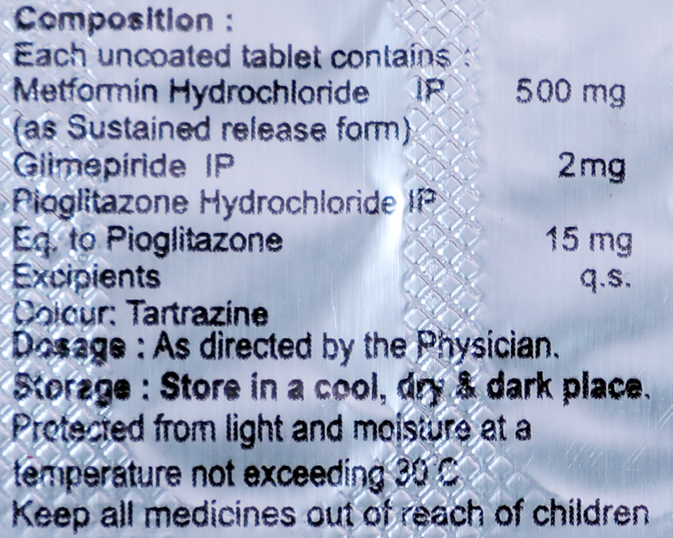GLIMEPIRIDE 2MG + METFORMIN HYDROCHLORIDE 500MG + PIOGLITAZONE 15MG